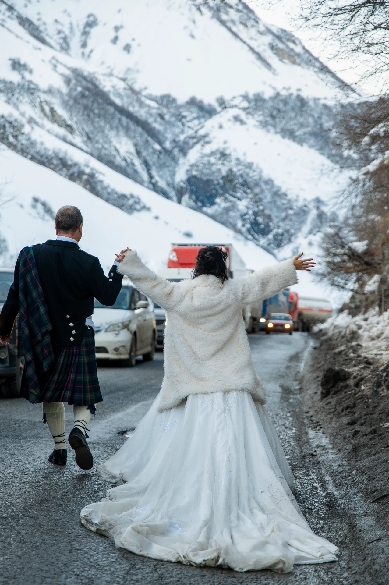 foreigners at a wedding in Gudauri in winter